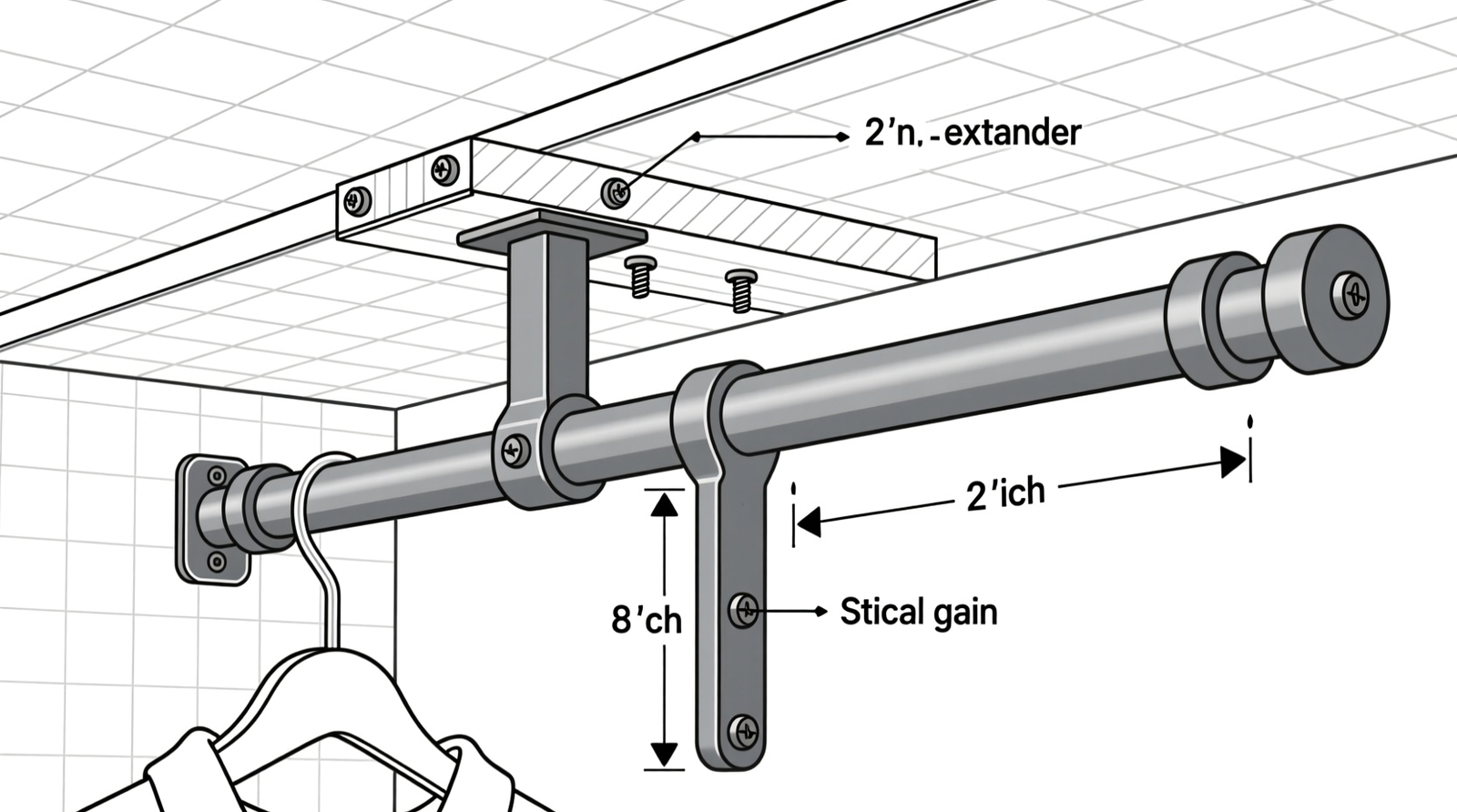Side-view diagram showing a steel closet rod extender mounted between ceiling and standard closet rod, with labeled 8-inch vertical gain, proper wall anchoring, and clearance margin above hanging garments