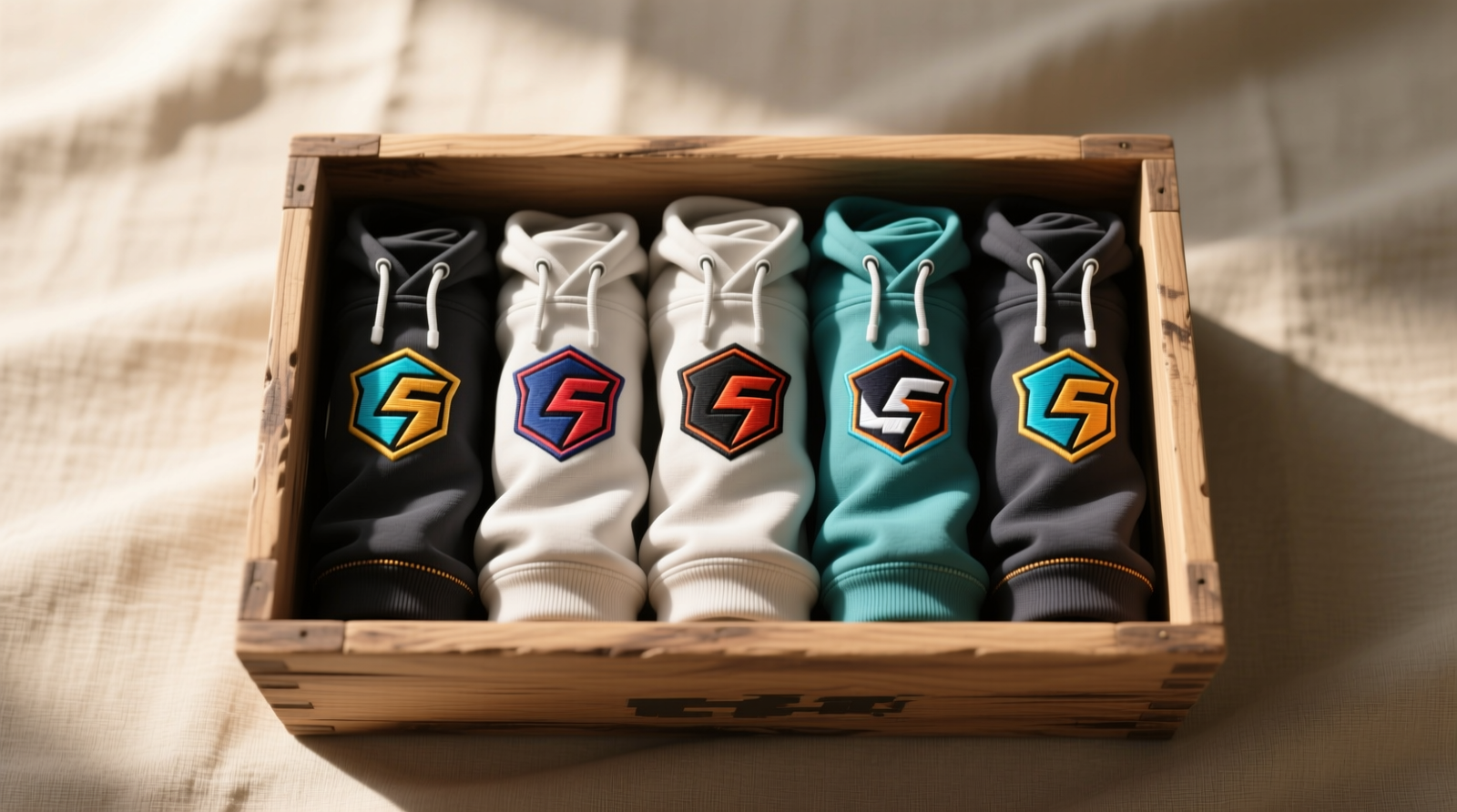 A neatly organized shallow wooden bin holding five rolled gaming hoodies, all oriented vertically with embroidered logos clearly visible on the outer surface of each roll. Natural light illuminates texture detail without glare.