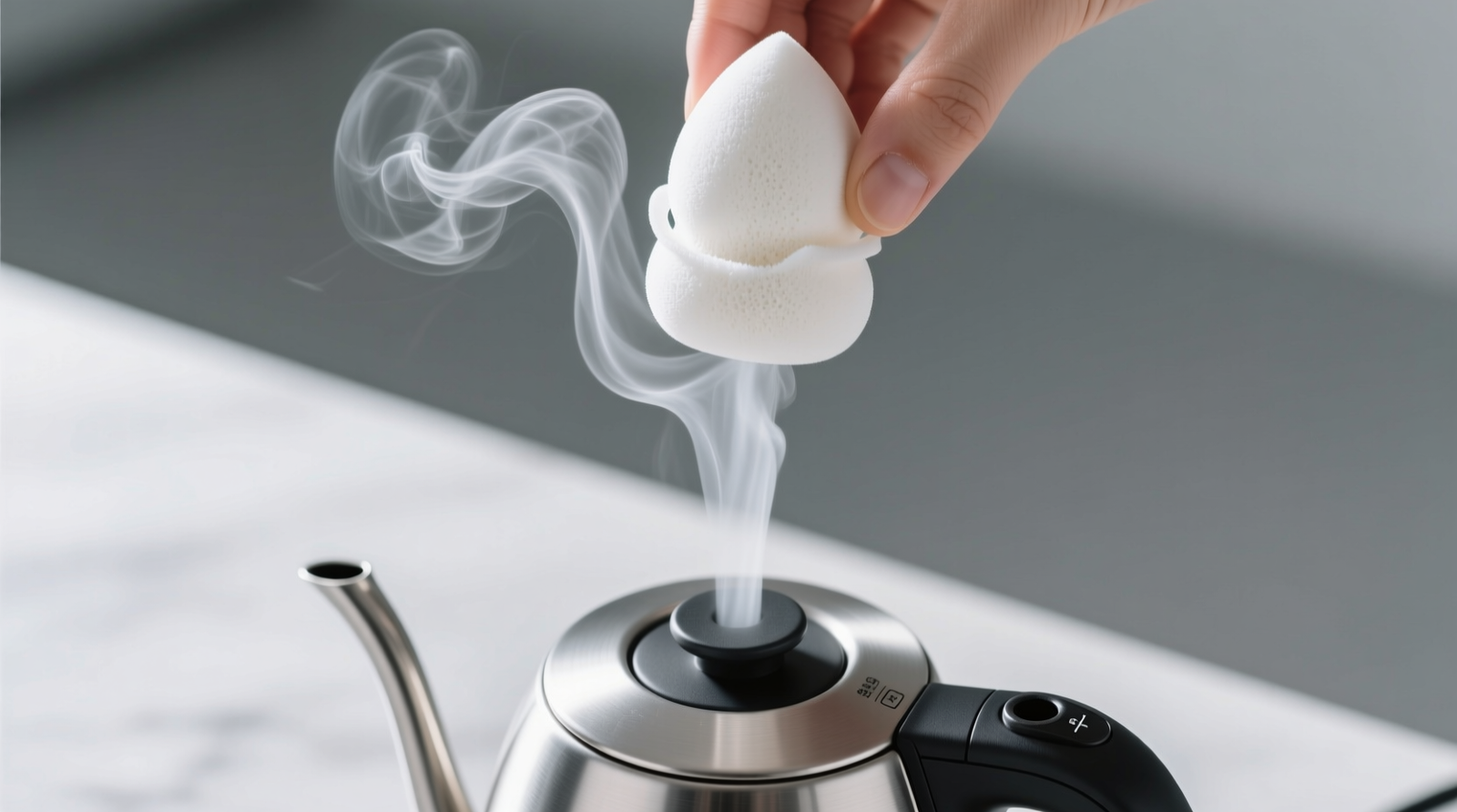 Overhead photo of a white reusable makeup sponge held vertically above an electric kettle spout emitting steady, visible steam—no steam chamber, no bowl, no gloves; only sponge, kettle, and countertop