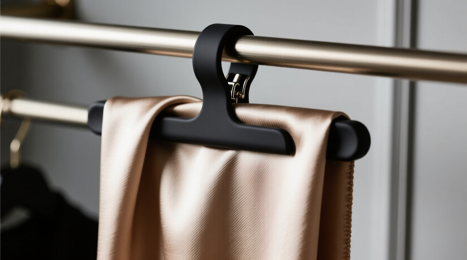 Close-up photo showing a silk scarf folded lengthwise and secured by a matte black hanging scarf clamp with soft silicone jaws, mounted on a brushed nickel closet rod. No visible creases, snags, or distortion on the fabric surface.