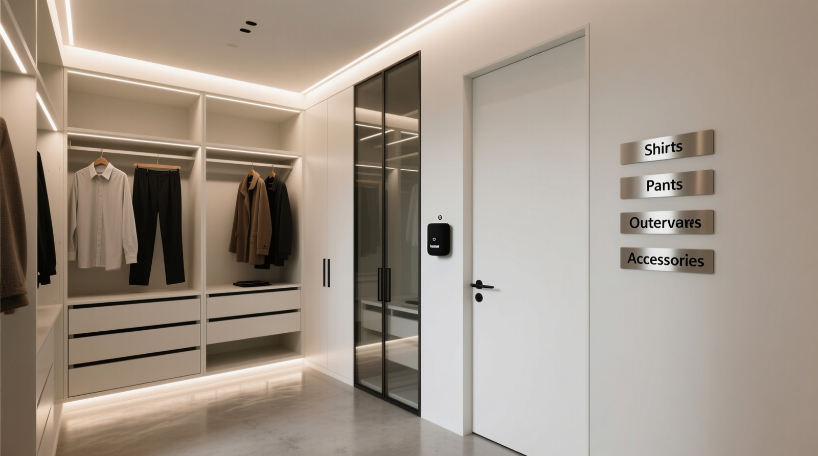 A minimalist walk-in closet with labeled woven baskets, uniform velvet hangers, and no visible electronics—only soft natural light filtering through a frosted glass door