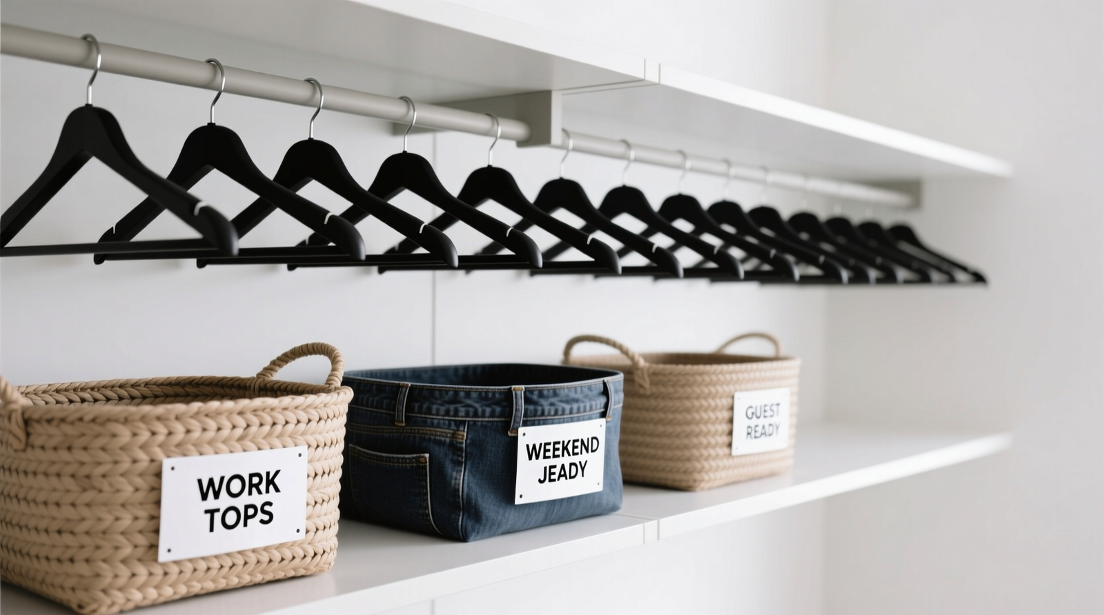 A minimalist closet with uniform matte-black hangers, labeled woven baskets on open shelving, and clean white adhesive tags reading 'WORK TOPS', 'WEEKEND JEANS', and 'GUEST READY' in bold sans-serif font