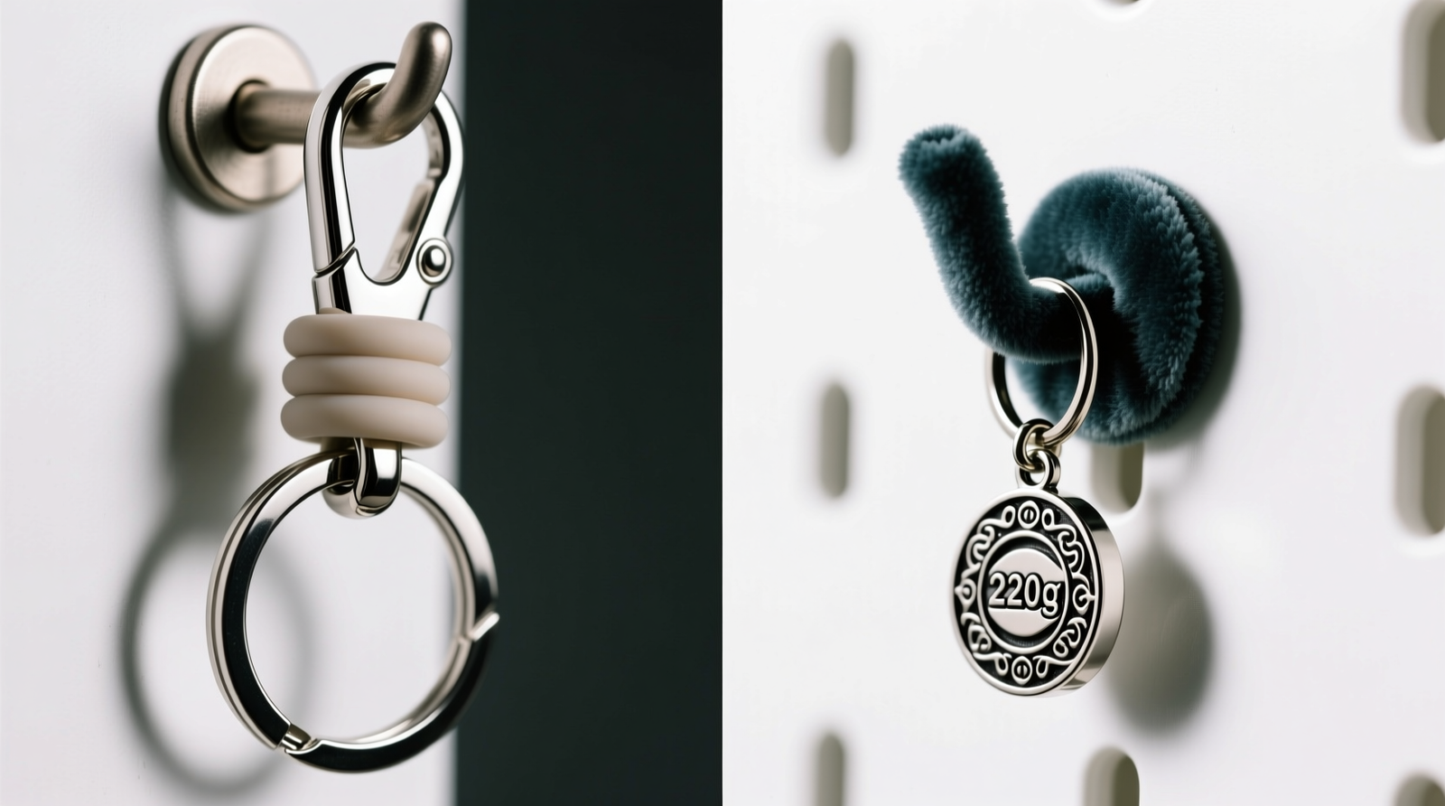Side-by-side close-up: left shows stainless anime keychain hook with silicone collar gripping a 220g metal charm; right shows same charm pulling downward on a velvet pegboard hook, with visible fabric deformation and gap between hook stem and board surface