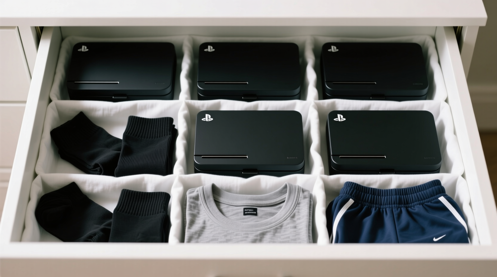 Three vertically stacked PlayStation 4 game cases, each holding two pairs of shoes arranged heel-down and facing forward; cases are clean, label-free except for discreet matte black 'FALL' and 'WALK' stickers on front spines; background shows a light-wood closet interior with 22-inch depth