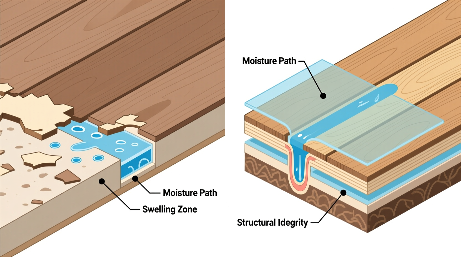 Side-by-side cross-section diagram showing moisture penetration paths: melamine laminate swelling at particleboard seam versus solid bamboo maintaining structural integrity under identical humidity exposure