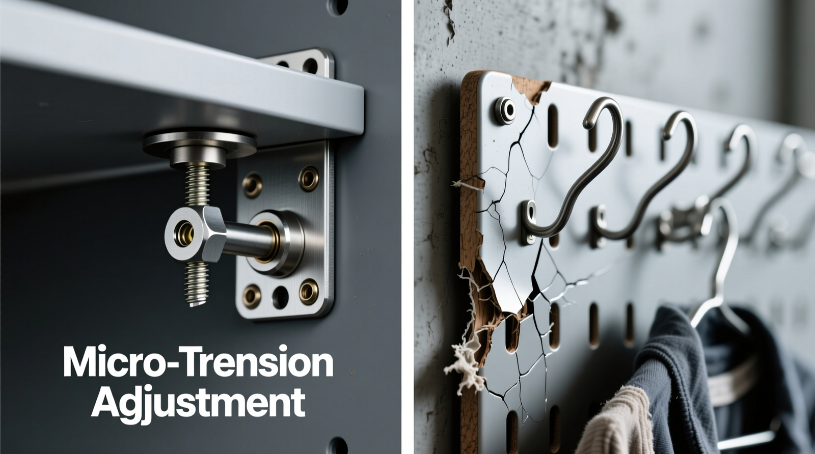 Side-by-side comparison showing adjustable steel shelf brackets mounted into wall studs with labeled load path arrows, next to a pegboard system with visible hole elongation and a bent hook under moderate weight