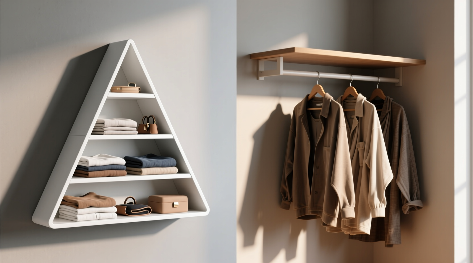 Side-by-side comparison showing a triangular organizer fully accessible from the front versus a corner shelf with garments blocking the rear two-thirds of its surface