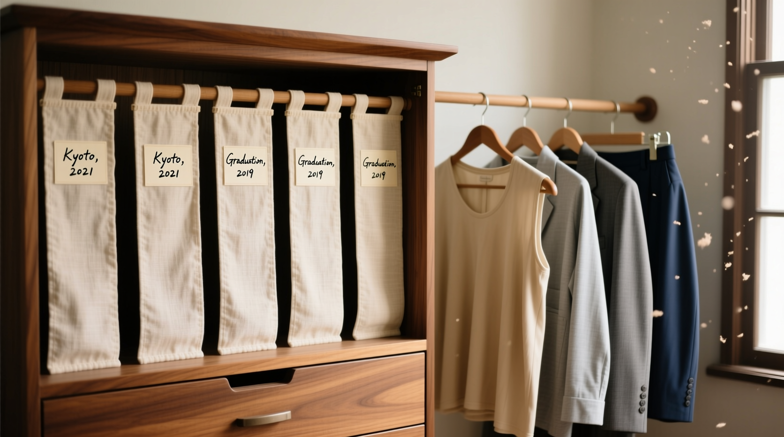 A clean, light-filled closet with white canvas garment bags labeled in neat script, each containing one folded garment and a small tag visible through translucent fabric; adjacent shelf holds three identical wooden boxes with engraved initials and years
