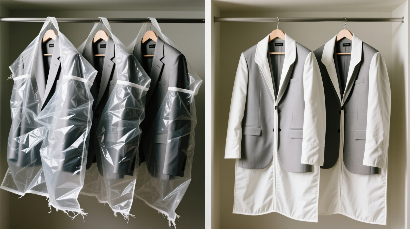 Two side-by-side closet shots: left shows suits draped loosely in crinkled polyester foldable bags; right shows identical suits fully hung inside crisp, off-white cotton garment covers with visible shoulder support and open hems
