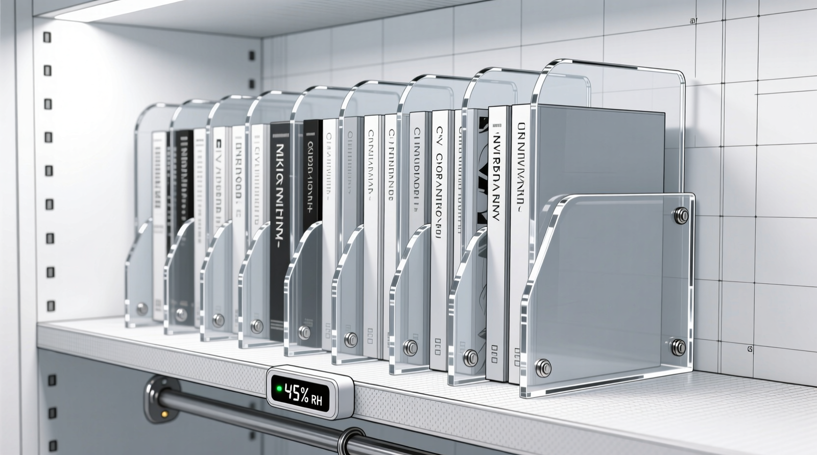 Side-view diagram showing manga volumes standing upright on a closet shelf, each fully supported by a rigid acrylic divider and covered by a clear, edge-sealed acrylic dust shield; humidity sensor visible at shelf base