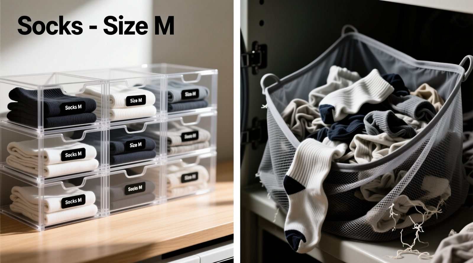 Side-by-side comparison: left shows neatly folded sock pairs secured inside translucent elasticized mesh organizers in a shallow drawer; right shows identical socks placed in rigid wooden drawer dividers, with one sock visibly displaced into an adjacent compartment