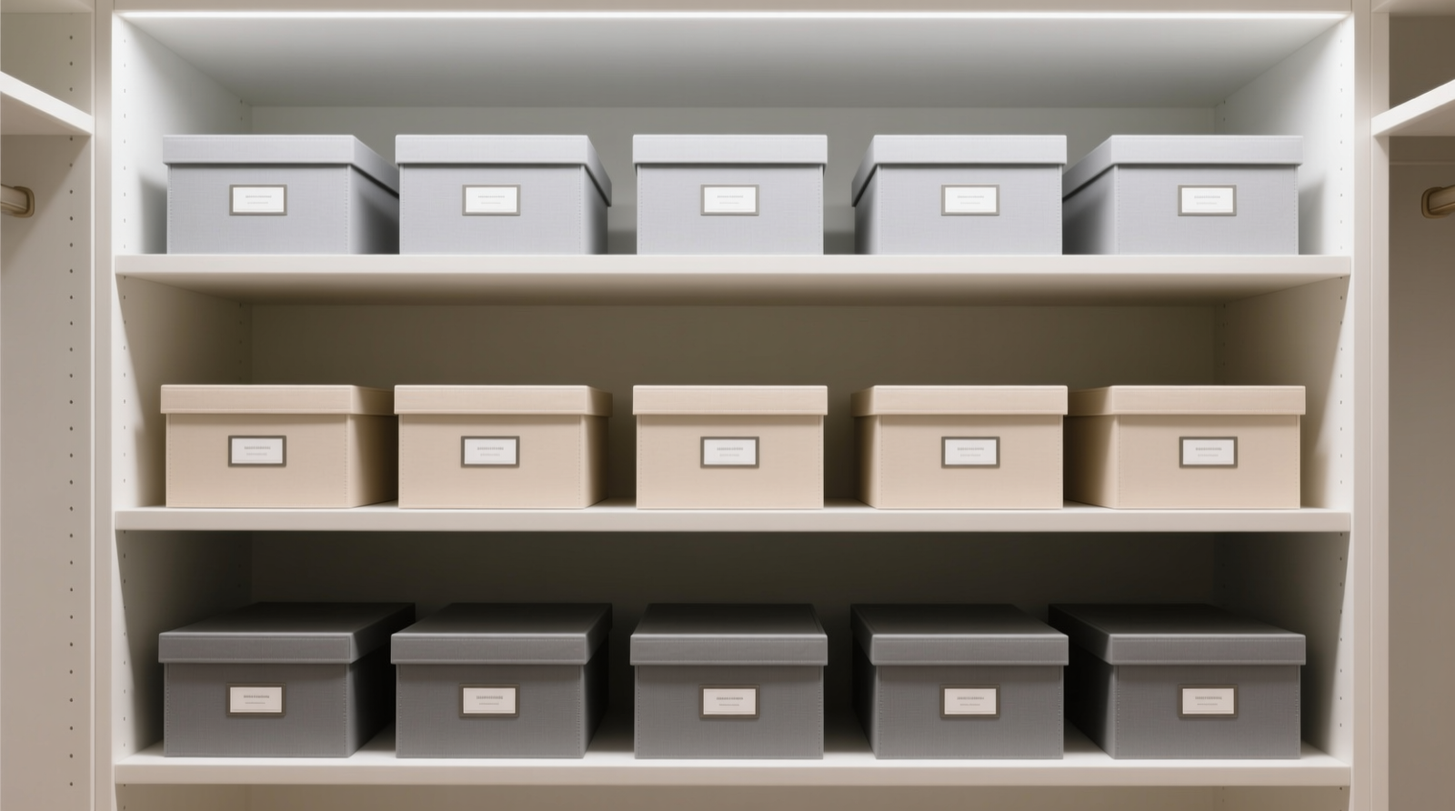 A minimalist closet shelf showing uniformly sized, matte-finish storage boxes aligned vertically with crisp, centered labels—all oriented outward, sorted into three clearly demarcated zones: upper (light gray backdrop), middle (neutral beige), lower (soft charcoal). No visible logos, no mixed textures, no overlapping edges.