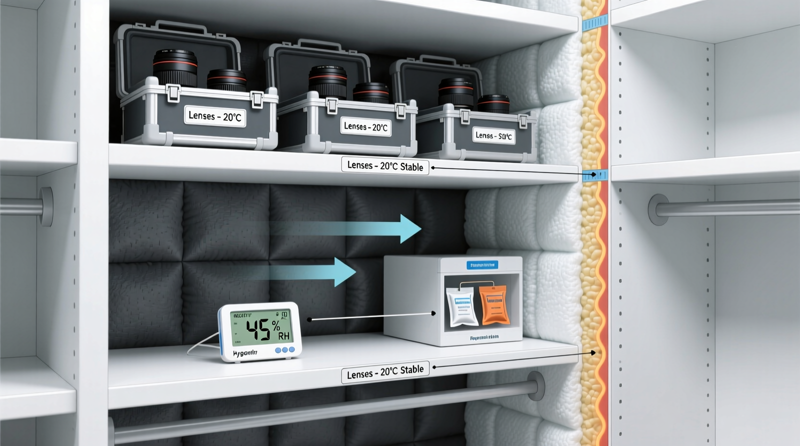Cross-section diagram showing insulated closet interior with labeled zones: temperature-stable upper shelf (for lenses in ventilated cases), lower shelf with hygrometer and silica regeneration station, and foam-insulated back wall