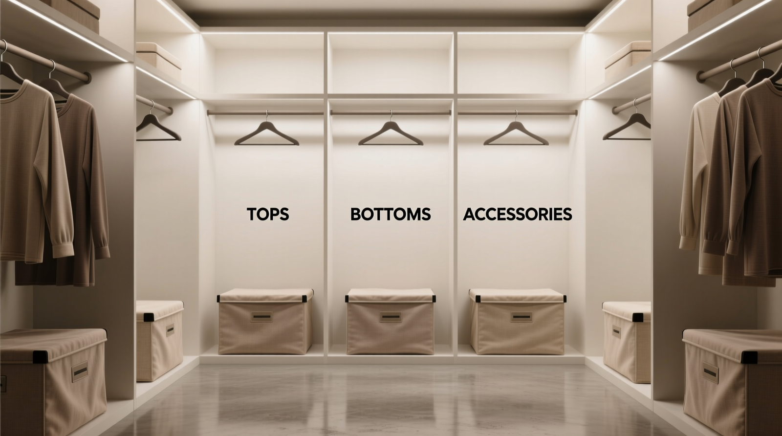 A minimalist closet showing uniform matte hangers, fabric-covered storage bins in muted taupe and oat, labeled with tactile + high-contrast print tags, zero visible tags or seams, soft ambient lighting, and unobstructed floor space