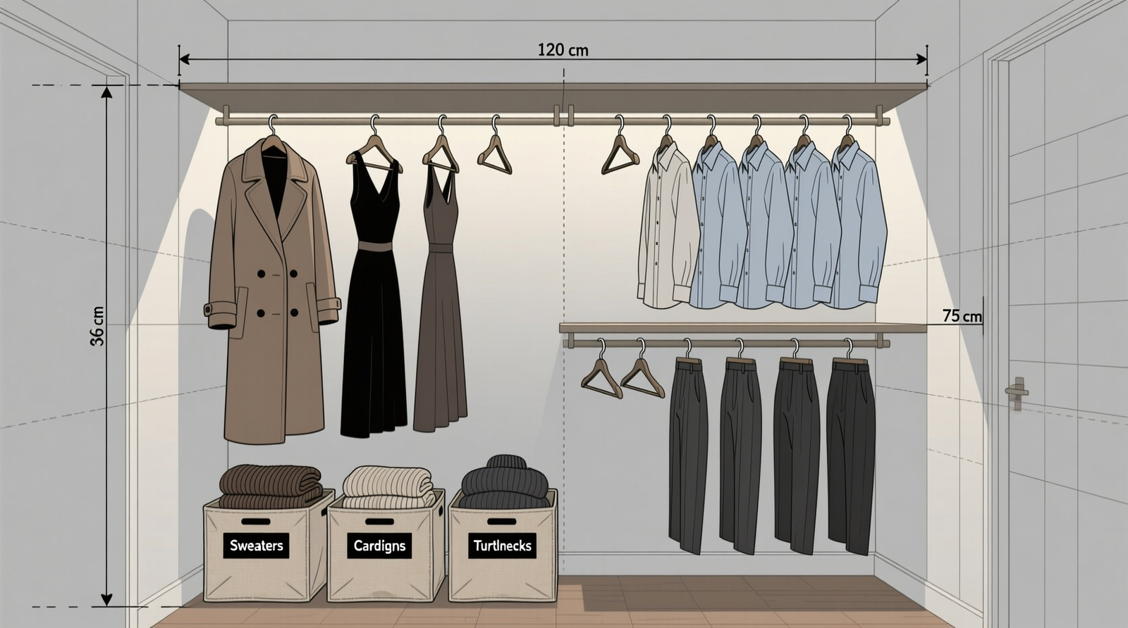 Side-view diagram of a 36-inch-wide closet showing a double-tier hanging rod: upper zone holds full-length coats and dresses; lower zone holds button-downs and slacks; floor-level fabric bins contain folded knits stacked vertically with visible labels; all hangers are identical slim velvet style facing forward