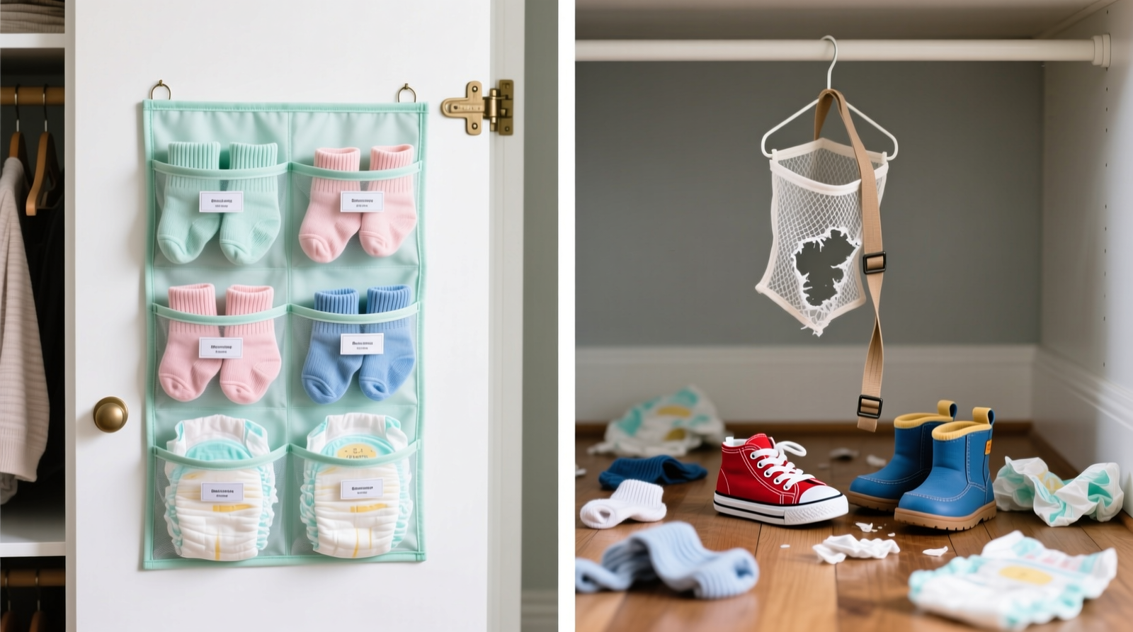 Side-by-side comparison: left shows a rigid, double-anchored closet door pocket organizer filled with folded baby socks and cloth diapers in labeled mesh pockets; right shows a swaying hanging shoe caddy with one pocket torn, a strap pulled loose, and toddler-sized shoes spilled onto the floor