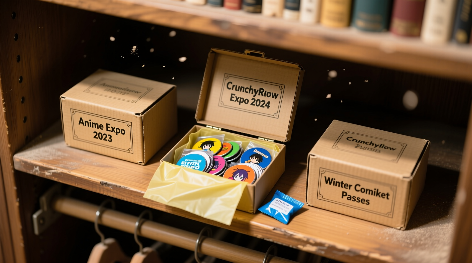 A shallow wooden drawer with labeled acrylic divider slots holding upright, clear plastic sleeves—each containing a colorful anime convention badge on its lanyard, arranged chronologically from left to right