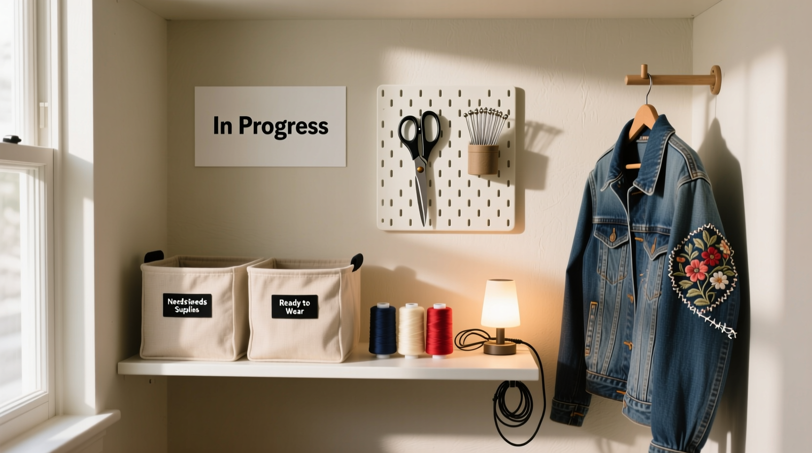 A narrow, well-lit closet section showing a 24-inch open shelf with three fabric bins labeled 'In Progress,' 'Needs Supplies,' and 'Ready to Wear,' plus a compact pegboard mounted beside it holding scissors, needles, thread spools, and a small LED lamp. Garments with visible mending—like a denim jacket with embroidered elbow patches—are hung nearby.