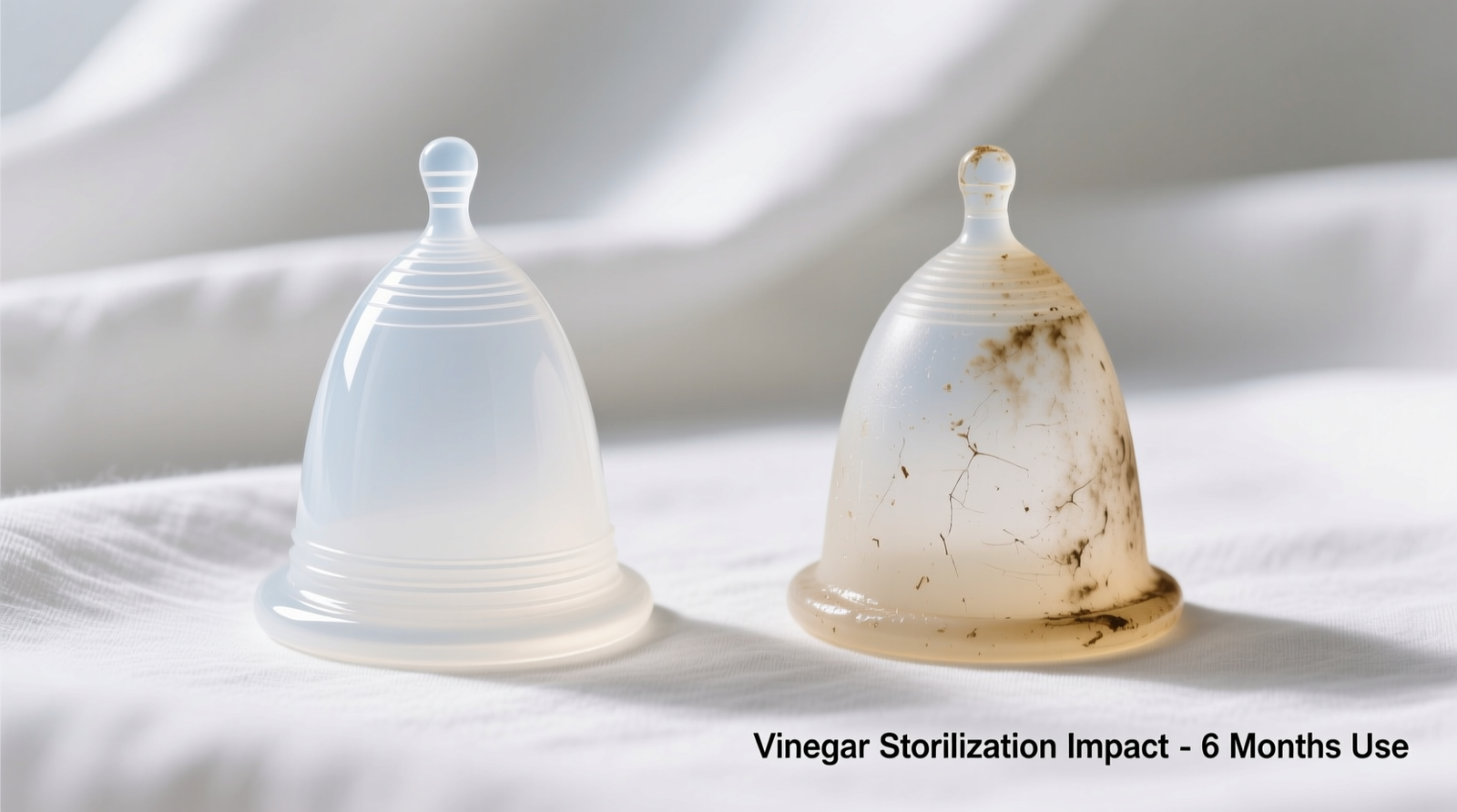 Side-by-side comparison: a pristine medical-grade silicone menstrual cup next to one showing subtle clouding and texture loss from improper vinegar use—both photographed under identical diffused lighting on a white linen surface