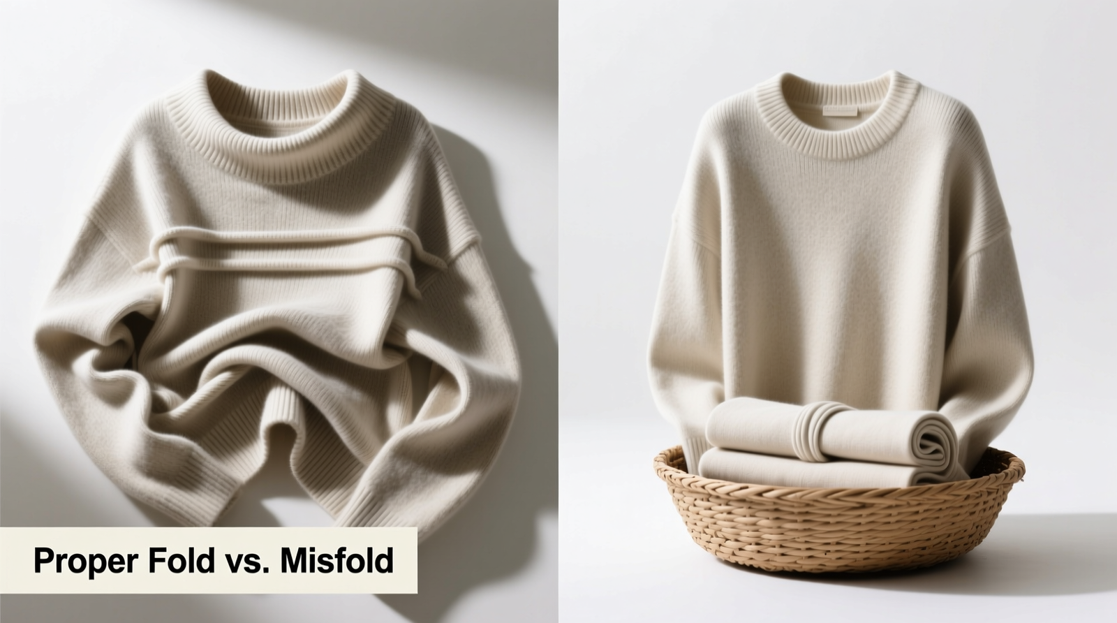 Side-by-side comparison: left shows a misfolded oversized sweater with stretched, misshapen neckline and visible horizontal crease; right shows the same sweater folded using roll-and-tuck method—smooth, collar fully encased, no creases, resting upright in a shallow woven basket