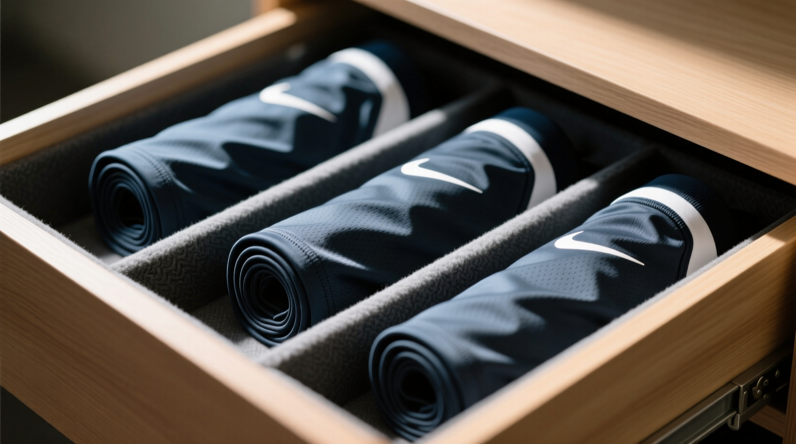 Side-view photo showing three neatly rolled oversized gaming jerseys lying horizontally in a shallow drawer lined with charcoal microfiber, separated by slim felt dividers, with no visible folds or tension lines on fabric surfaces