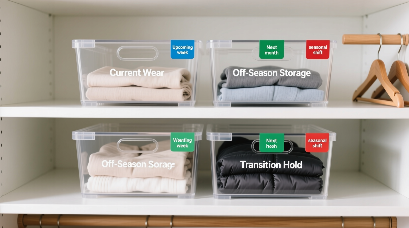 A well-lit shared closet showing three clearly defined vertical zones: left side with vintage band tees and flannel on charcoal hangers, center with folded organic cotton tees and tailored trousers in matching taupe bins, right side with modern knitwear and sculptural outerwear on matte black hangers—all separated by slim brushed-nickel shelf dividers.