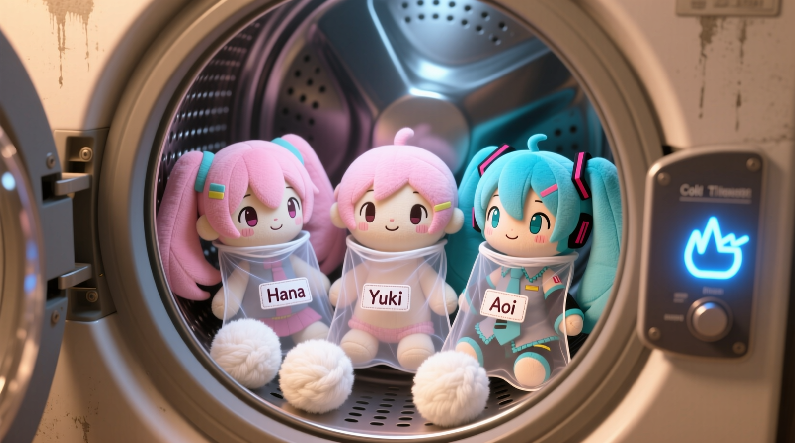 Three anime plushies secured in individual mesh laundry bags inside a front-loading washing machine drum, surrounded by four off-white wool dryer balls, with cold-water setting highlighted on the control panel