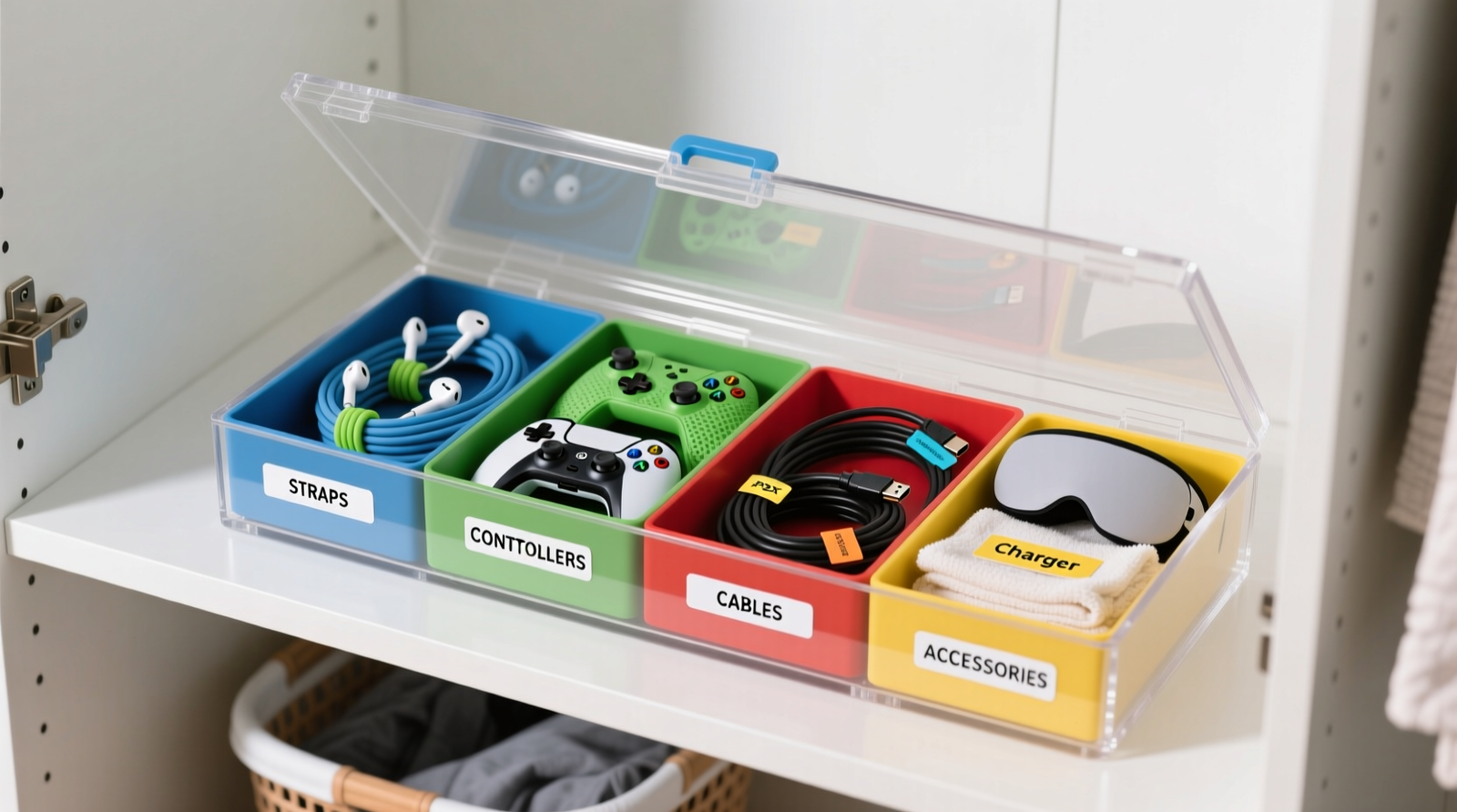 Top-down photo of a white closet shelf holding a clear acrylic storage box with labeled, color-coded compartments: one for coiled straps (secured with silicone wraps), one for controllers in anti-scratch sleeves, one for cables (neatly coiled and tagged), and one for soft accessories like facial interfaces and cleaning cloths—each section visibly distinct and fully visible through the transparent lid.