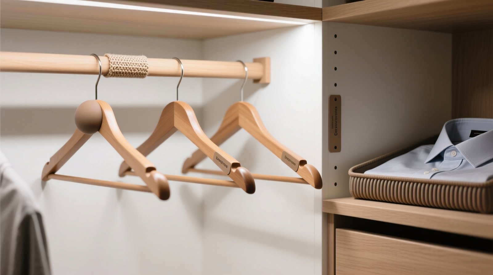 A minimalist closet section showing uniform wooden hangers, labeled with three distinct tactile markers: smooth silicone domes on left hanger bar (for everyday tees), woven cotton tape wrapped around center shelf edge (for dress shirts), and ridged rubber strips affixed to right bin lid (for seasonal items). All labels are placed at consistent waist height and aligned vertically.