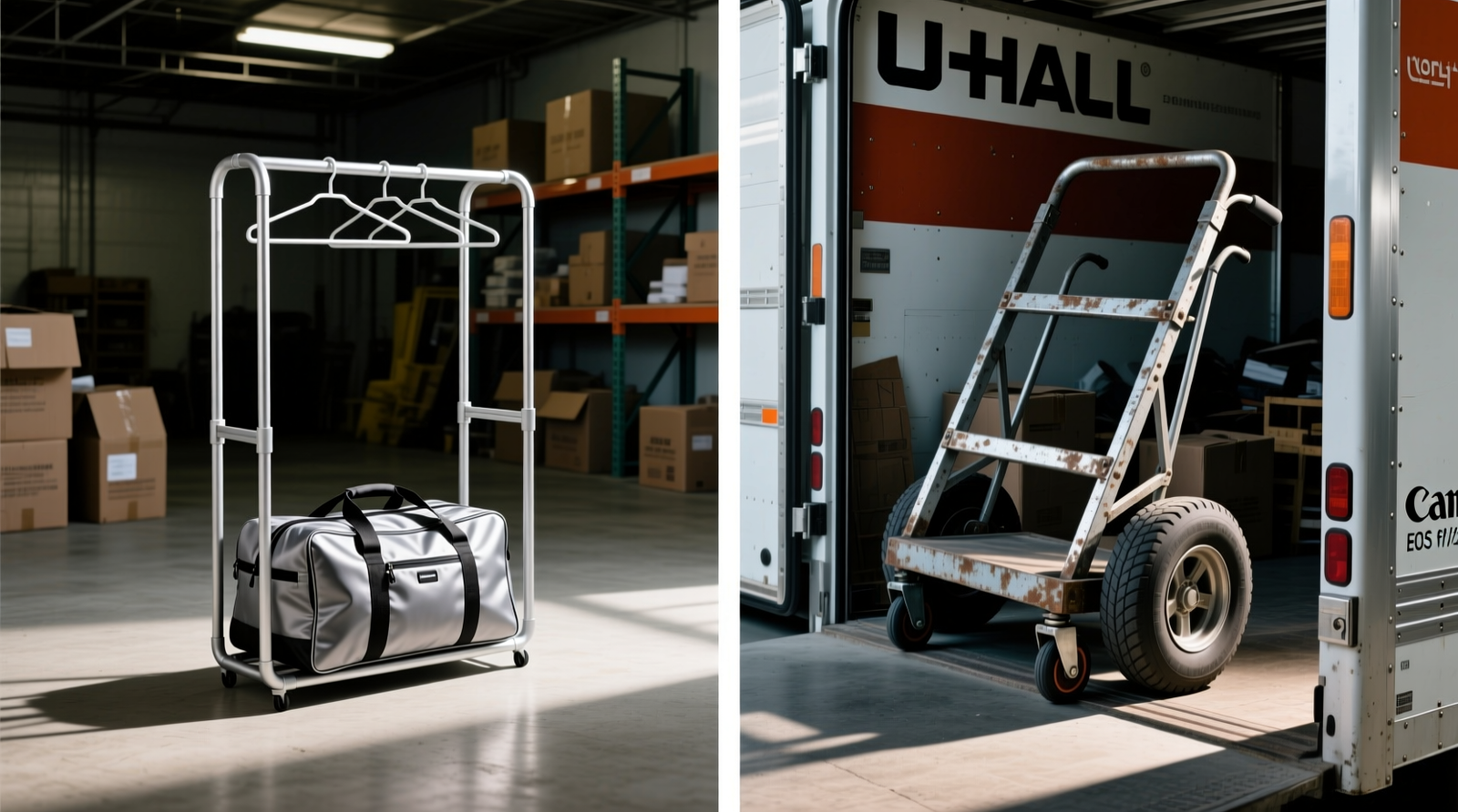 Side-by-side comparison: a lightweight, folded aluminum garment rack nested inside a duffel bag versus a bulky rolling cart wedged awkwardly in a U-Haul doorway