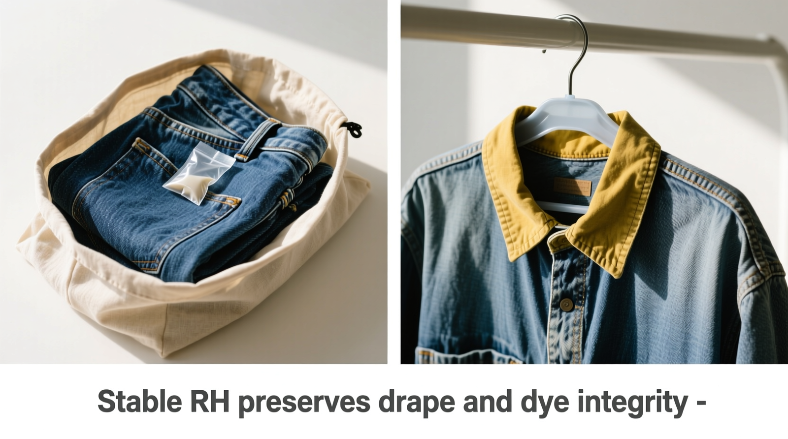 Side-by-side comparison: left shows folded vintage jeans stored in breathable cotton bag with visible silica gel packet; right shows same jeans draped over plastic hanger with yellowed collar and stiffened seams—captioned 'Stable RH preserves drape and dye integrity'