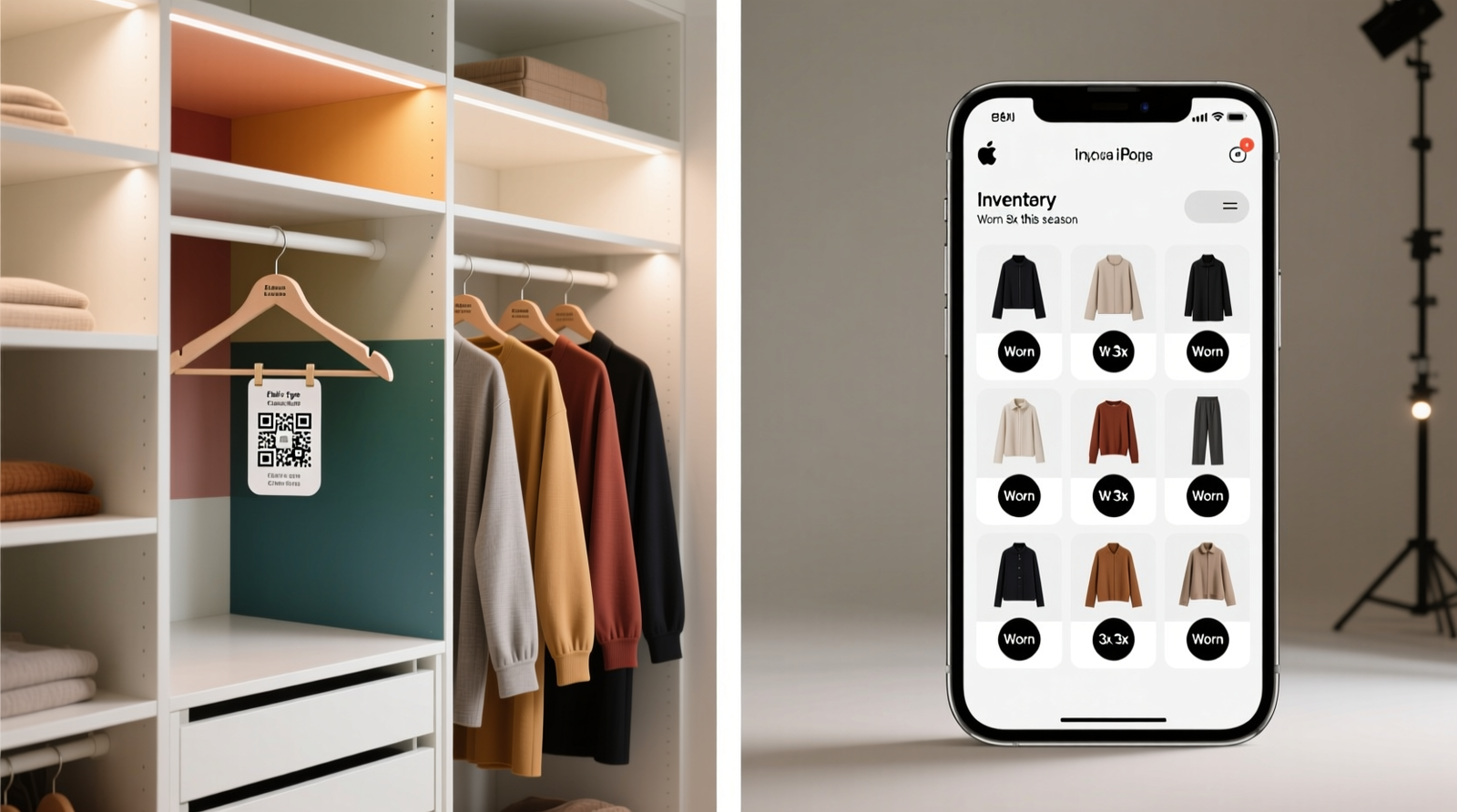 Side-by-side comparison: left shows a neatly labeled, color-blocked closet with QR-coded hangers; right shows a smartphone screen displaying a clean inventory dashboard showing 'Worn 3x this season' tags beside garment thumbnails