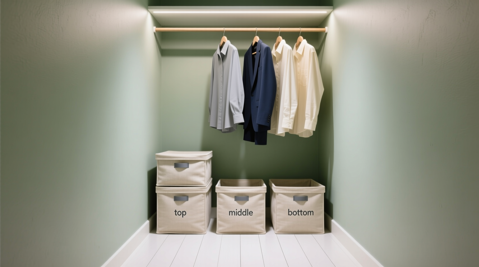 A narrow walk-in closet with a single overhead rod, neatly hung garments, and three staggered rows of uniform fabric bins placed directly on the floor—tallest at the back, shortest at the front—each labeled with minimalist typography and aligned to a subtle baseboard strip