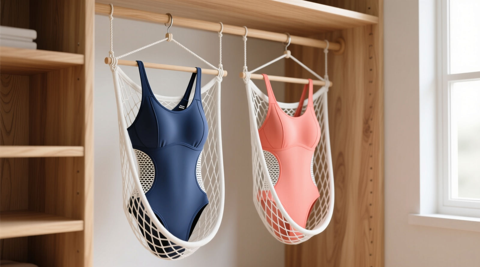 A minimalist closet drawer divided into two labeled sections: left side holds folded swimwear inside a breathable canvas bin with bamboo charcoal pouch visible; right side contains neatly folded cashmere and cotton knits, separated by a removable cedar-lined divider