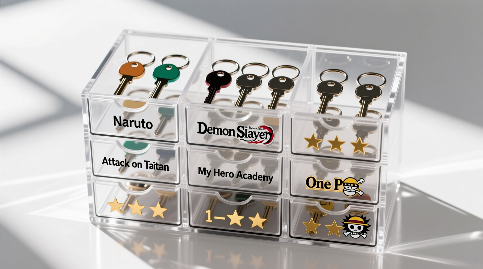 Three silicone-sleeved rotating closet hooks mounted on a white closet door, each holding three anime keychains with visible spacing between charms; all keychains face outward, rings centered on hooks, no overlapping or twisting evident.