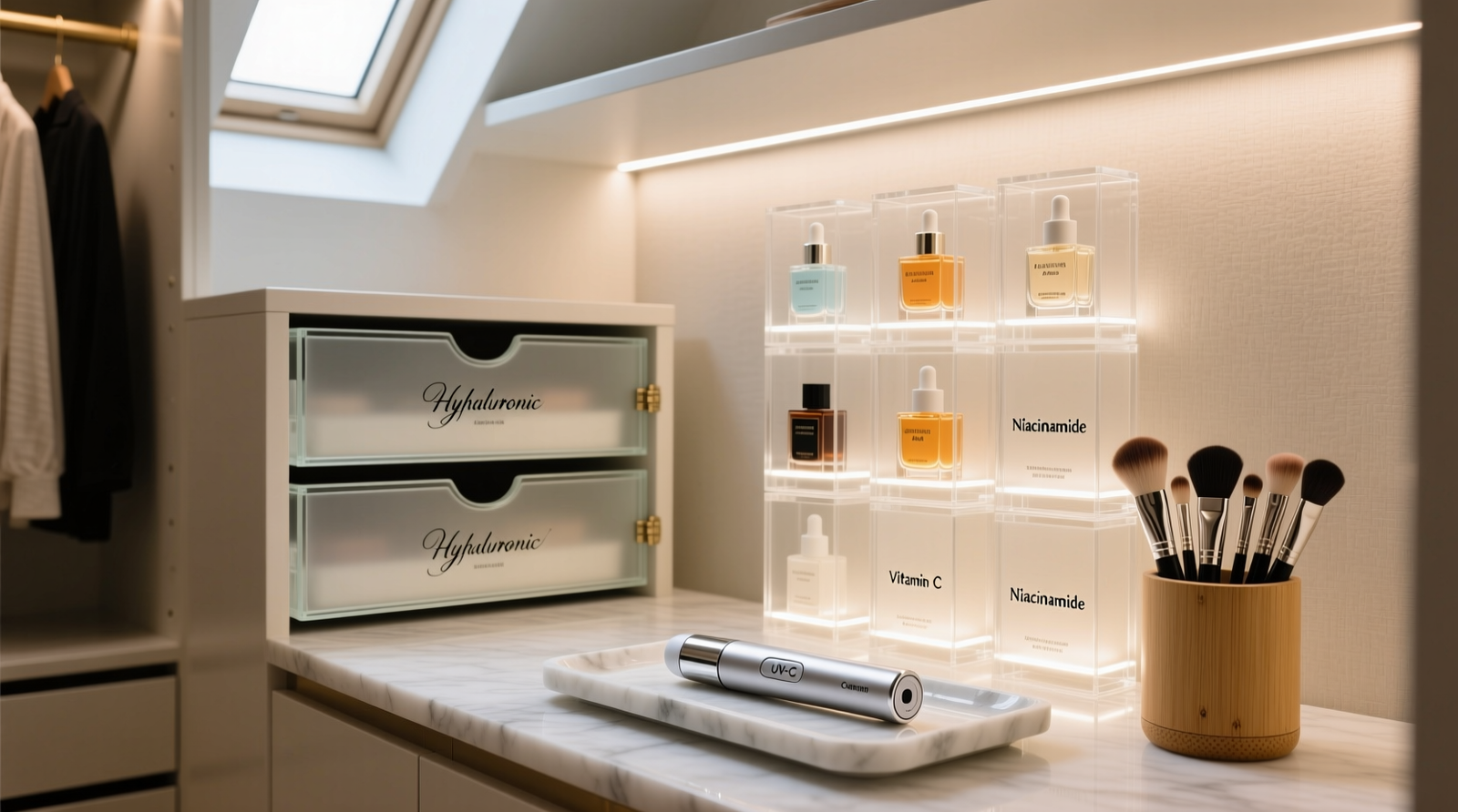 A well-organized closet interior showing UV-protected perfume drawer, labeled acrylic serum boxes, and a UV-C wand resting on a marble tray beside sanitized makeup brushes