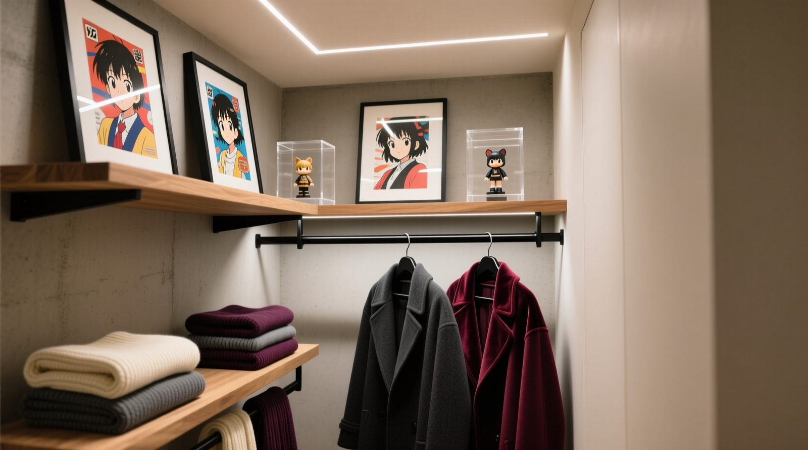 A narrow reach-in closet showing floating oak shelves at eye level holding framed anime posters and acrylic display cases, with a matte-black double-hang rod system below: wool coats on velvet hangers above, folded knits and scarves neatly stacked on lower rod brackets