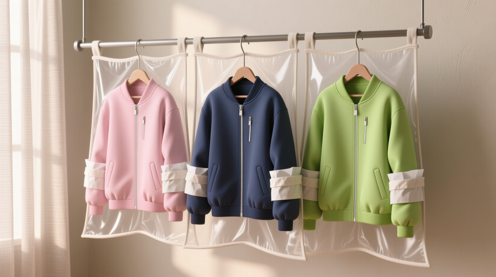 Three anime jackets hung on wide, padded hangers inside opaque cotton garment bags, with acid-free tissue rolled into sleeves to maintain shape—no visible creases, no overlapping garments, ambient lighting diffused through sheer linen curtains