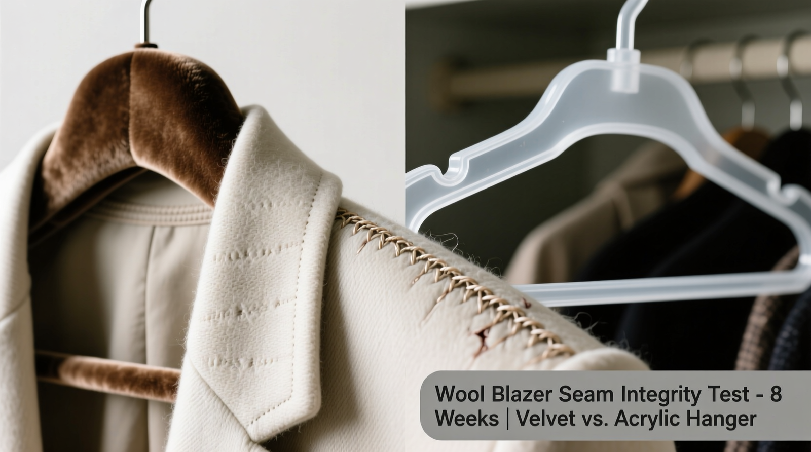Side-by-side comparison showing a wool blazer hung on a velvet hanger (smooth, natural shoulder line) versus the same blazer on a clear acrylic hanger (visible indentation and sleeve slippage at shoulder seam)