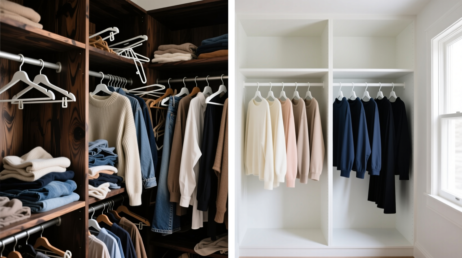 Side-by-side comparison: left shows cluttered closet with dark wood shelves and mismatched hangers; right shows identical closet after painting shelves matte white, installing uniform slim white hangers, and grouping garments by tonal value—lightest on left, darkest on right, with clear breathing space between categories