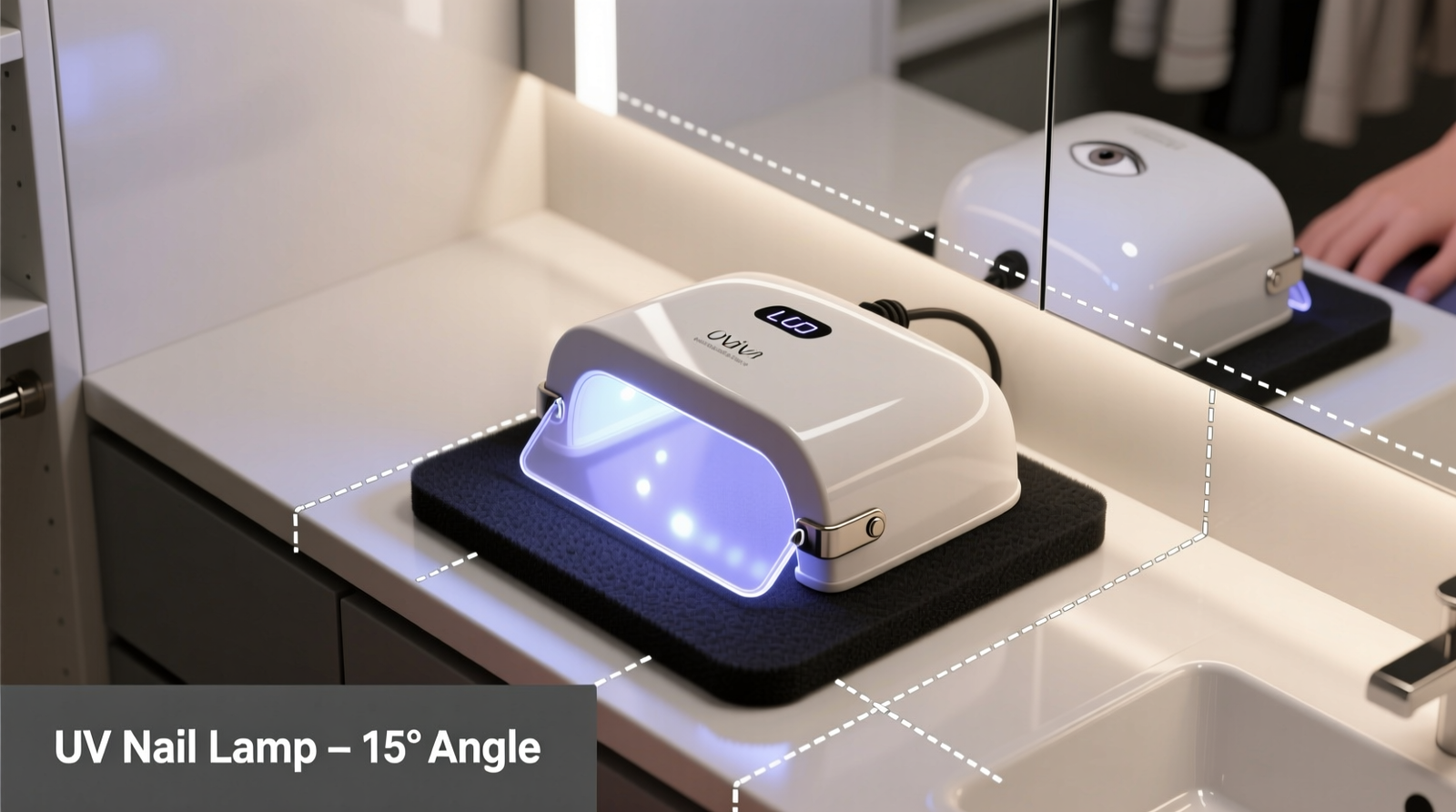 Overhead schematic showing a compact UV nail lamp mounted on a matte-black foam pad, angled downward at 15 degrees, with a frosted acrylic diffuser clipped in front, positioned precisely so its reflection falls below the user's seated eye line in a mirrored closet vanity
