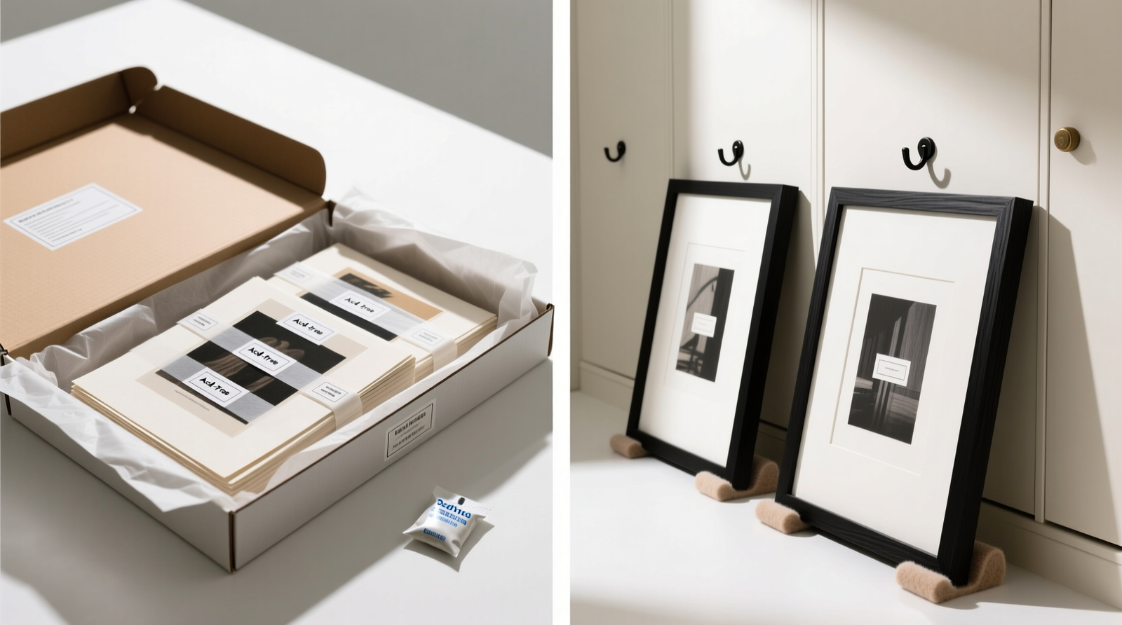 Close-up of a white-painted closet interior showing a low-profile, perforated steel shelf mounted between studs, holding six large art prints sandwiched between rigid foam-core boards and separated by acid-free spacers