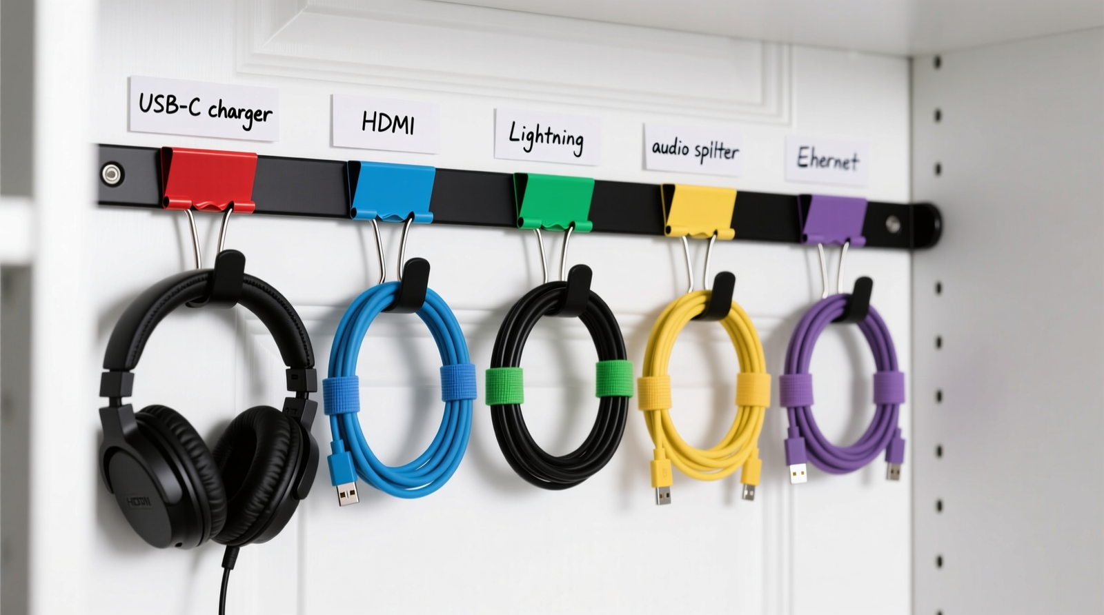 A white interior closet door with a matte black headphone stand mounted vertically on the left edge; five color-coded binder clips hang from its arms, each holding a neatly coiled tech cable labeled with small handwritten tags—USB-C charger, HDMI, Lightning, audio splitter, Ethernet. Velcro ties secure coils; no cables touch the floor or overlap.