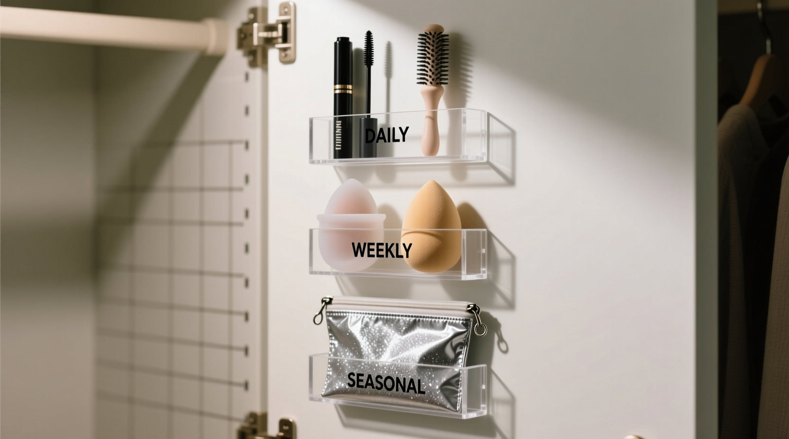 Close-up of a narrow closet door pocket with three labeled acrylic dividers: 'DAILY' (top, holding mascara and spoolie upright), 'WEEKLY' (middle, holding beauty blender in silicone sleeve), and 'SEASONAL' (bottom, holding flat glitter primer pouch secured with hook-and-loop strap)