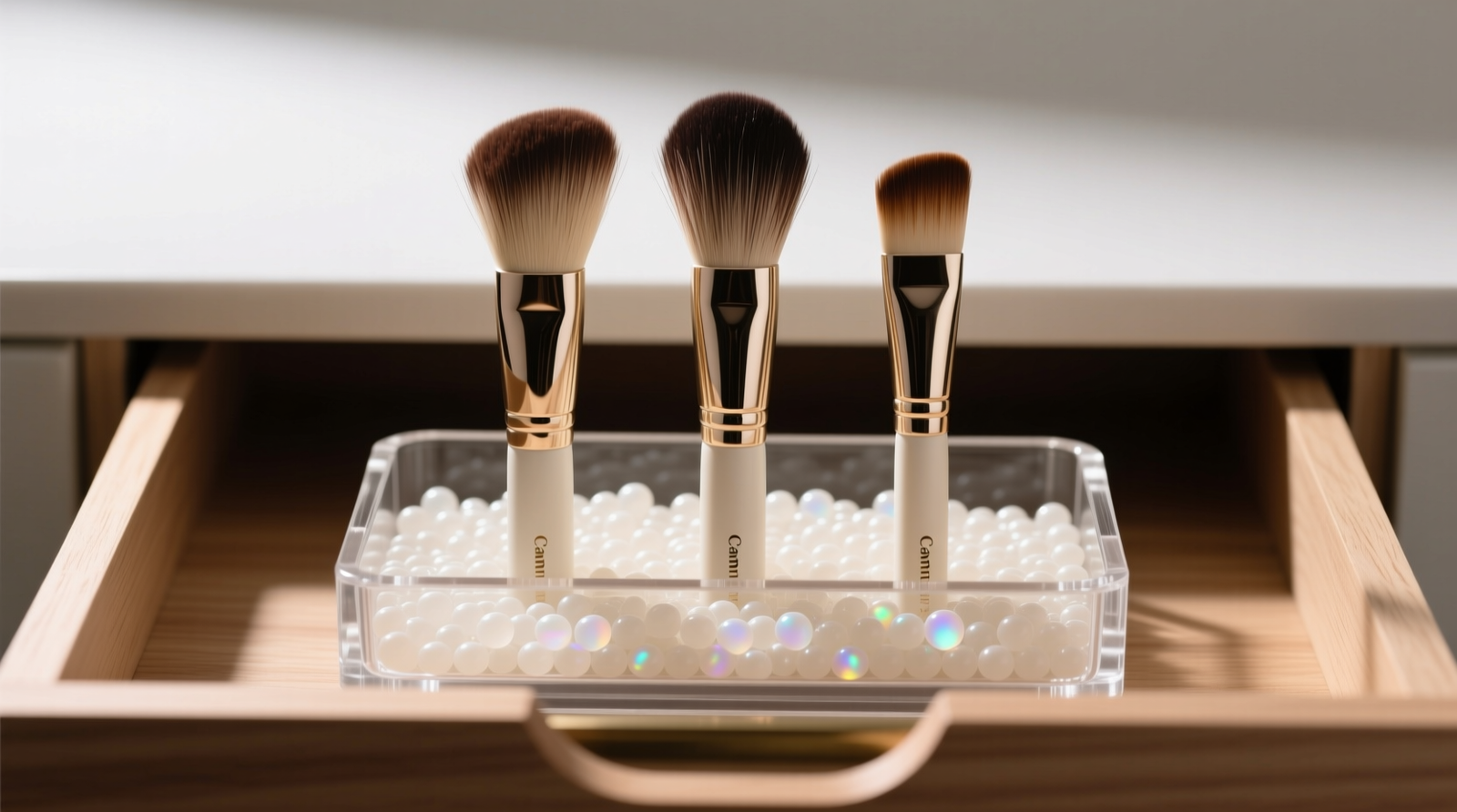 Three beauty brushes standing upright in a clear acrylic tray filled with off-white silica gel beads; bristles fully relaxed and separated, no contact between tips; tray sits flat inside a shallow, lined drawer with 1/4-inch clearance on all sides