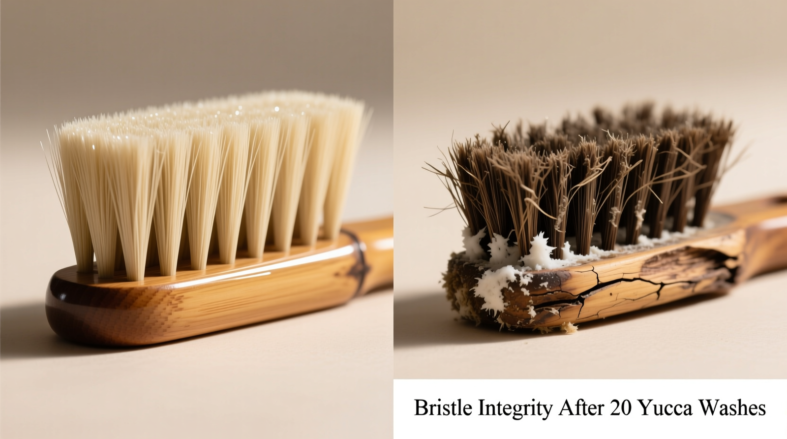 Side-by-side macro photography: left shows intact, glossy bamboo brush bristles and smooth handle after 20 yucca washes; right shows frayed, discolored boar bristles with visible white residue at base and slight warping of wooden handle