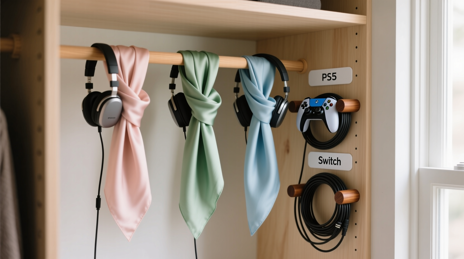 A shallow reach-in closet showing three parallel headset cables strung horizontally across the top shelf, each holding folded silk scarves; below, coiled controller cables wrapped around labeled wooden dowels mounted on the side panel