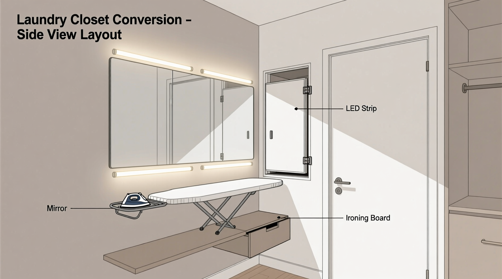 Side-view diagram of a converted laundry closet showing a full-length mirror mounted on the back wall, dual LED strips illuminating the front plane, a fold-down ironing board recessed beside the door, and a shallow drawer mounted beneath a floating shelf