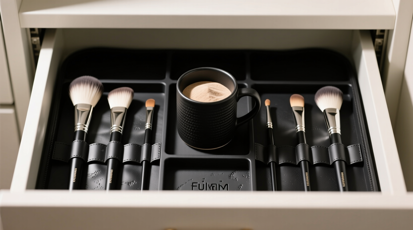 Top-down view of a shallow closet drawer containing a sand-weighted ceramic mug holding eight beauty brushes upright, spaced evenly with visible 1.25-inch gaps between ferrules, on a black non-slip silicone liner