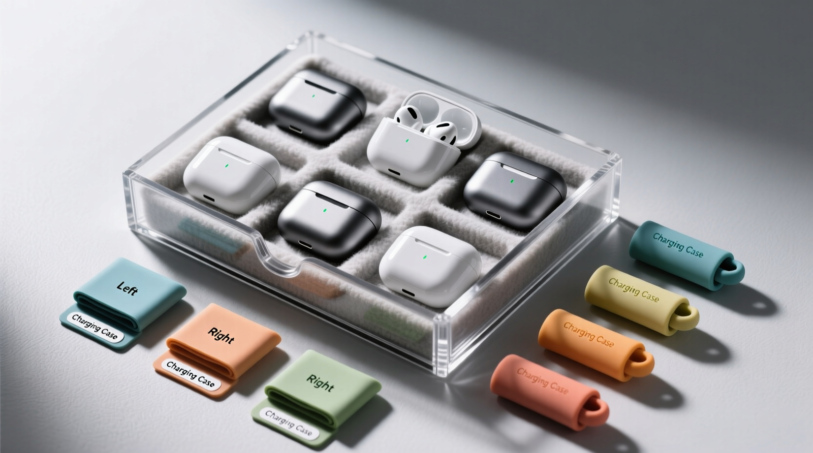 Top-down view of a shallow acrylic drawer organizer holding six upright wireless earbud cases, each in its own felt-lined slot, with matching color-coded silicone cable wraps and laser-printed labels placed neatly beside them